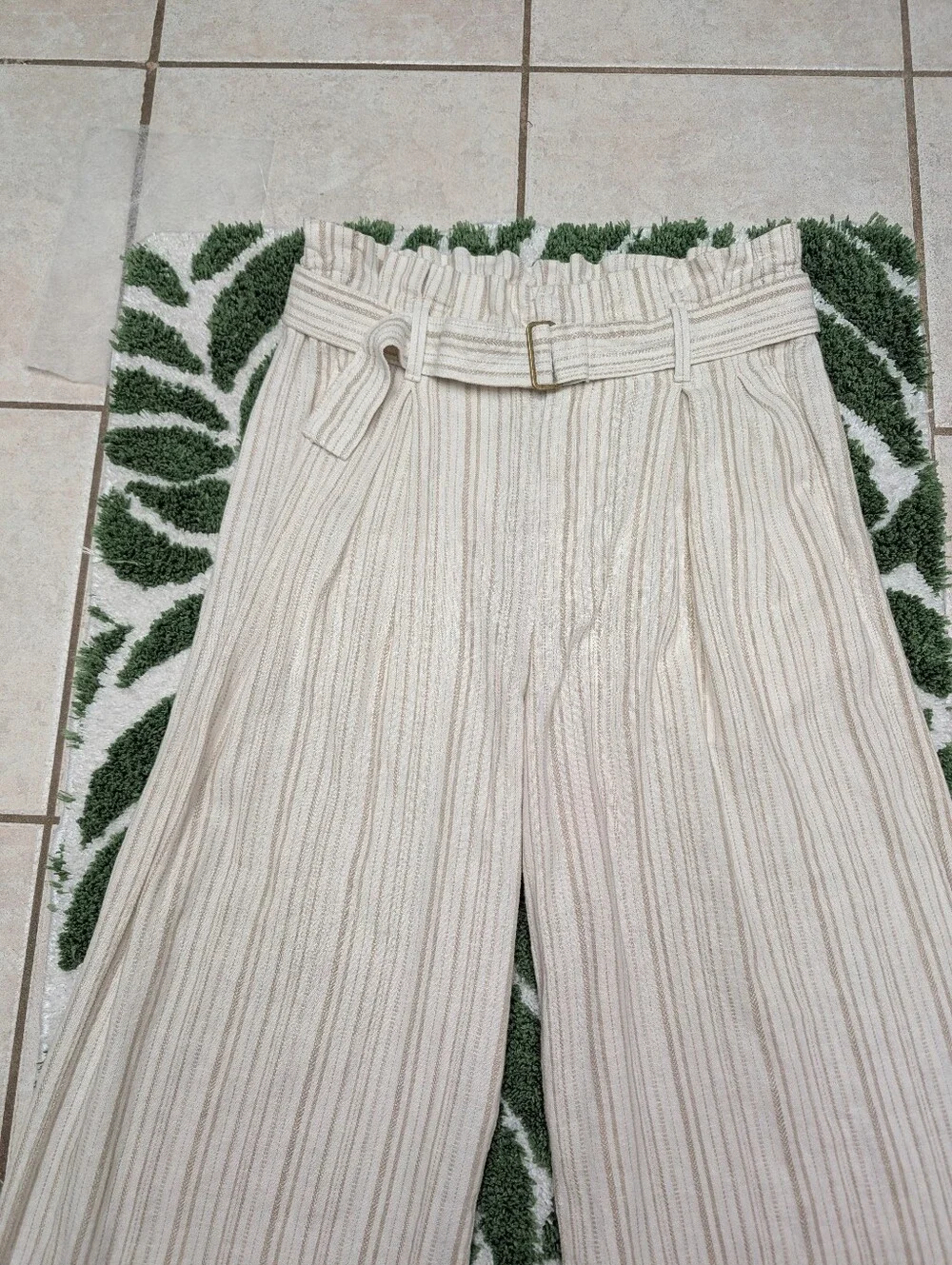 Banana Republic Cream & Tan Stripe Linen Blend Belted High Rise Pants, Size 4